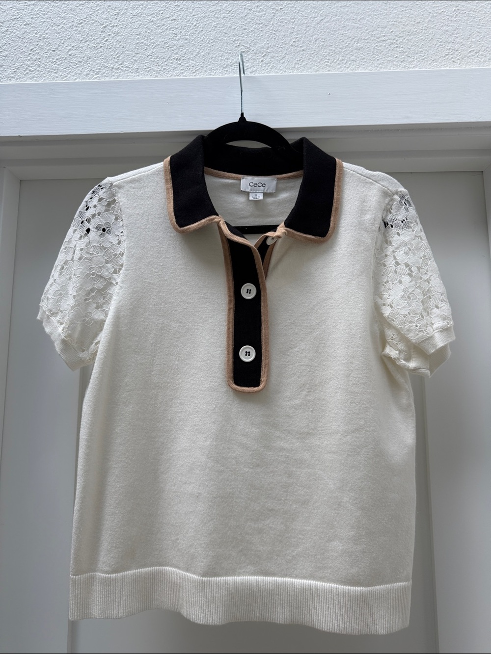 CeCe Girls' Ivory Polo Top with Lace Sleeves